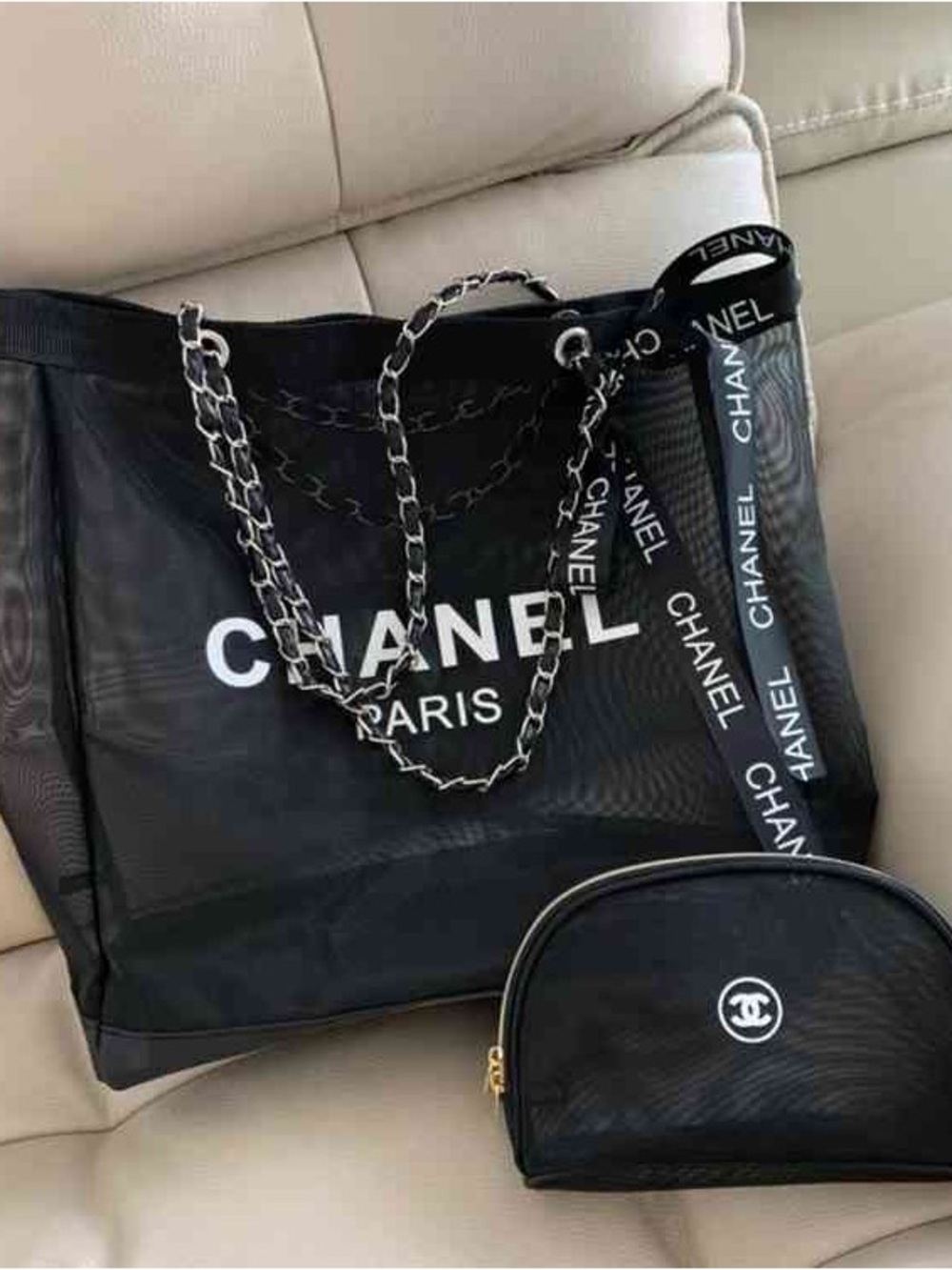 GWP chanel  Black Mesh Tote Bag with sliver Chain Straps